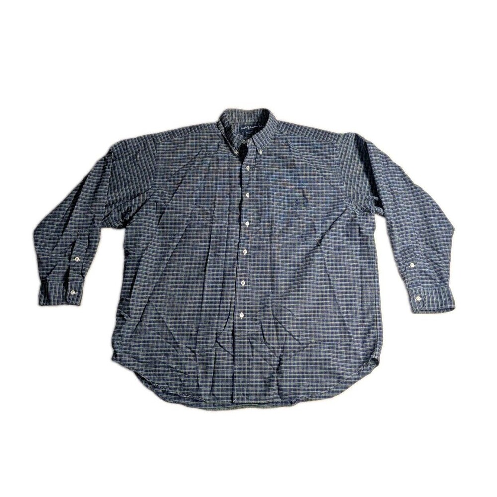 Ralph Lauren Big Shirt Men XL Blue Plaid Cotton Button Shirt Button Down-Collar